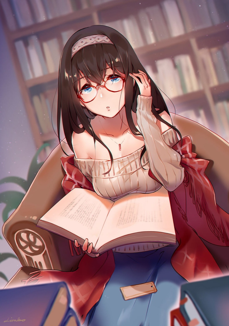 lifestyles, studying, long hair, young adult, one person, blue eyes, adult, eyeglasses, beautiful woman, Sagisawa Fumika, females, learning, fashion, book