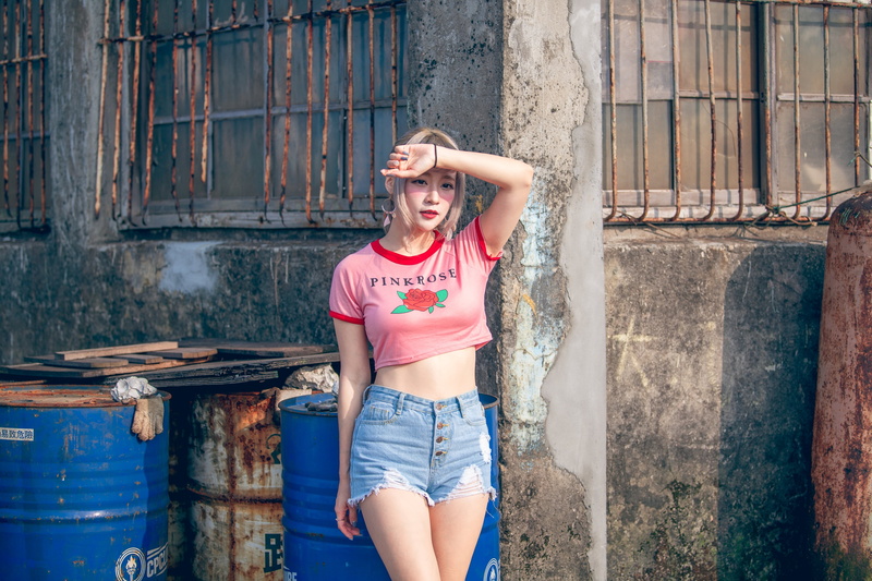 women, outdoors, looking away, parted lips, short shorts, women outdoors, Asian, torn clothes, model, 4K, pink tops, jean shorts