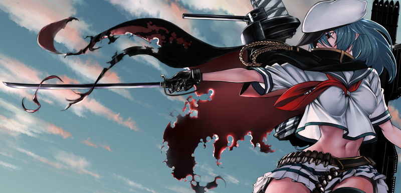 anime, sword, anime girls, weapon, torn clothes, tank top, 1080P, miniskirt, short hair