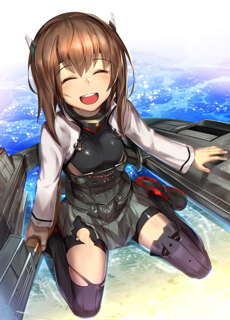 thigh-highs, Taihou (KanColle), anime girls, 2K, torn clothes, Kantai Collection, anime, sea, open mouth, brunette, smiling