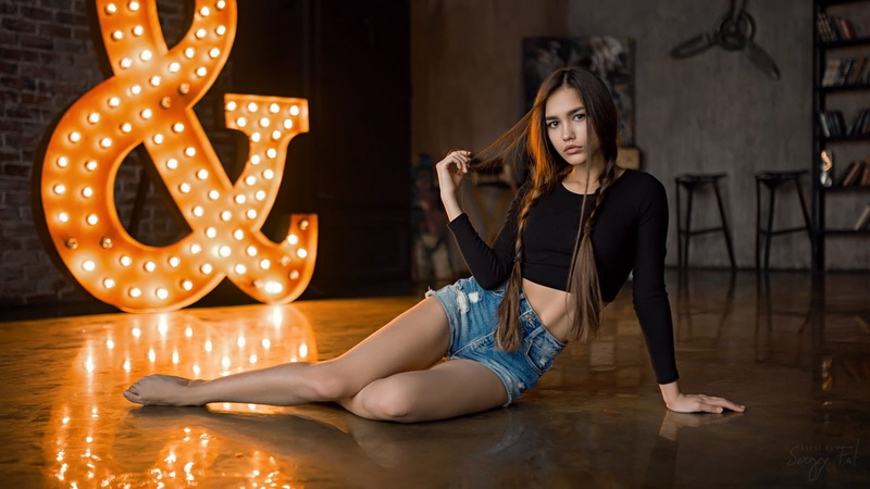 pigtails, torn clothes, blouse, shorts, Studio, long hair, braids, women, brunette, jeans, 720P, on floor, Sergey Fat, denim, black clothing, barefoot