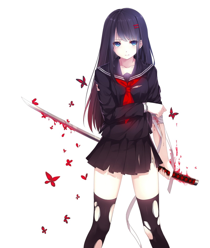 highs, white, women, uniforms, background, school, 2K, eyes, swords, legs, girls, simple, original, characters, long, blood, skirts, thigh, hair, torn