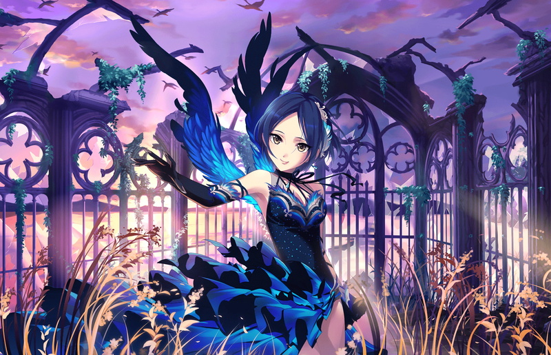 Hayami Kanade, short hair, 2K, dress, blue hair, anime girls, THE iDOLM@STER: Cinderella Girls, elbow gloves, wings, anime