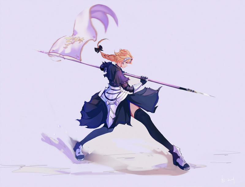 Ruler (Fate/Grand Order), nature, Jeanne dArc, arms raised, human arm, white background, video games, flag, one person, blonde, young women, colored background