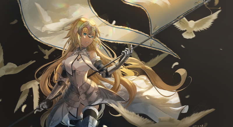 Blue Eyes, Woman Warrior, Bird, Blonde, 4K, Flag, Long Hair, Fate/Grand Order, Fate Series, Ruler (Fate/Apocrypha), Jeanne dArc (Fate Series), Lance