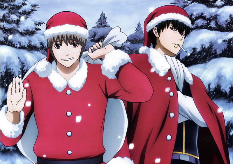 Hijikata Toushirou, winter, art, shinsengumi, Okita Sougo, tree, two guys, cigarette, Hideaki Sarachi, snow, 4K, a bag with gifts, Gintama, the Santa suit