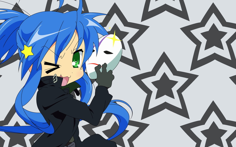 green  eyes, communication, Lucky Star, 1080P, green eyes, art and craft, gesturing, Hei, nature, human representation, blue hair, day, Izumi Konata, outdoors