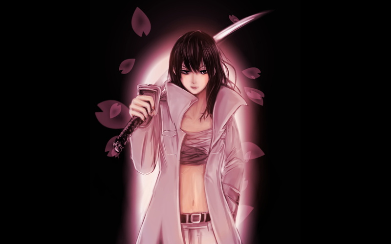 petals, Sakura, AOI, anime, girl, Beelzebub, 1080P, kunieda, katana