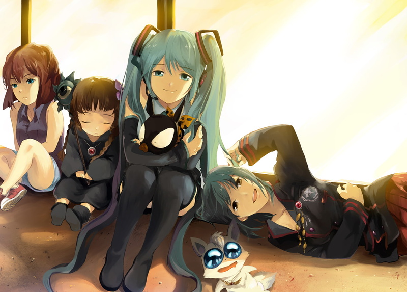 hair, skirt, vocaloid, blue, riiya, long, twintails, tie, aqua, eyes, animal, thighhighs, 720P, d gray man, crossover, kukuri, brown, ranmaaz, seifuku
