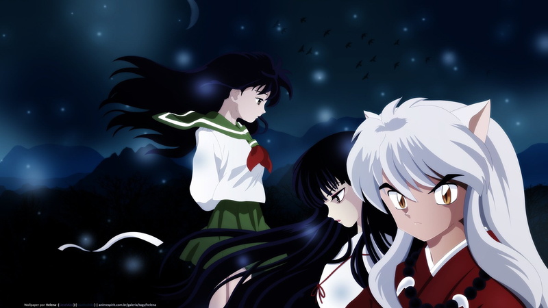 male likeness, sky, InuYasha, Anime, emotion, outdoors, female likeness, standing, night, art and craft, InuYasha (Character), creativity, white color