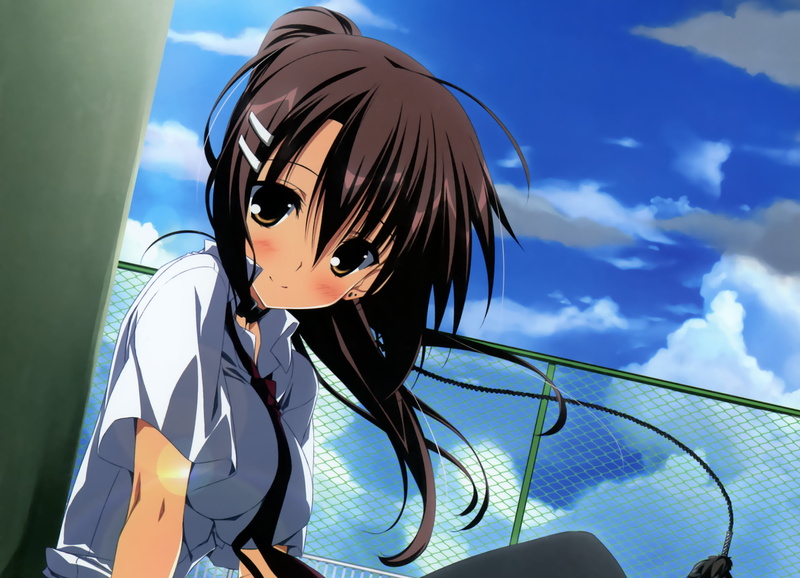 sunlight, sky, tie, one person, nature, the sky, day, outdoors, girl, cloud - sky, casual clothing, clips, side view, portrait, the building, subarashiki hibi