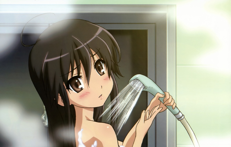 hairstyle, representation, water, portrait, mirror, female likeness, sunlight, black, anime, illuminated, focus on foreground, shower, real people, people