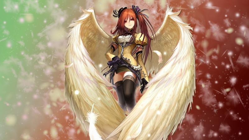 brunette, looking at viewer, Shana, wings, fantasy girl, smiling, redhead, anime, hair band, 1080P, red eyes, angel, long hair, anime girls, Shakugan no