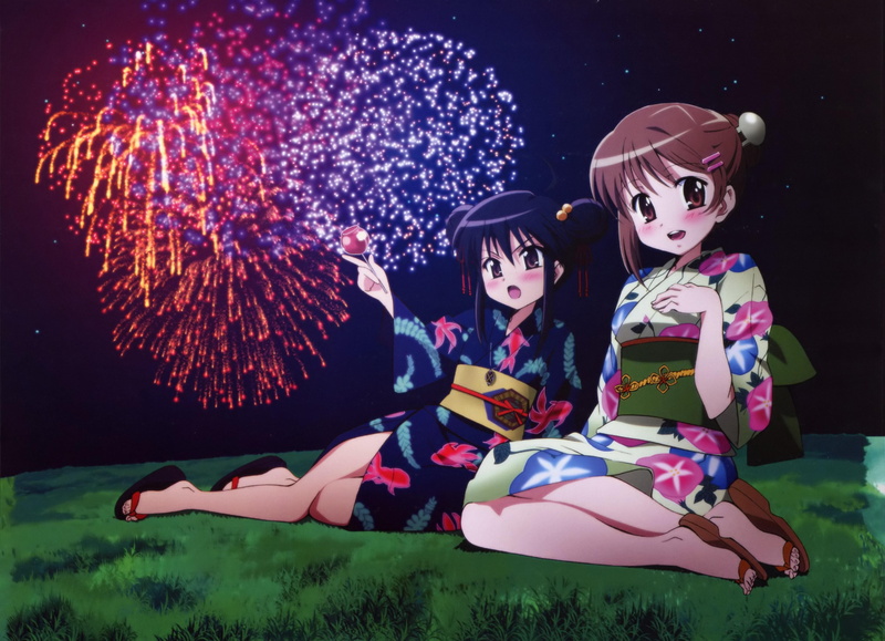 geisha, night, illuminated, nature, men, grass, girls, togetherness, front view, shakugan no shana, anime, women, characters, fashion, red, green