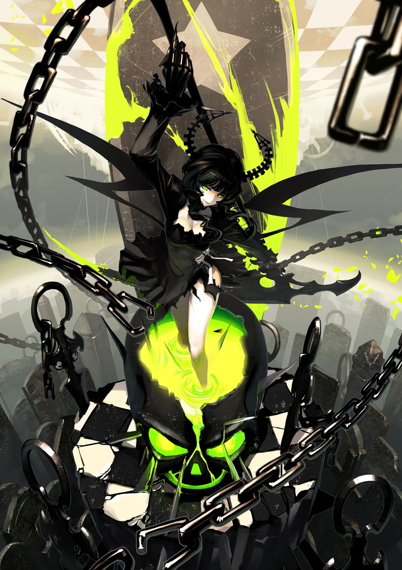 anime girls, black dress, chains, scythe, skull, black hair, Black Rock Shooter, 1080P, green eyes, pale, graveyards, Dead Master, horns