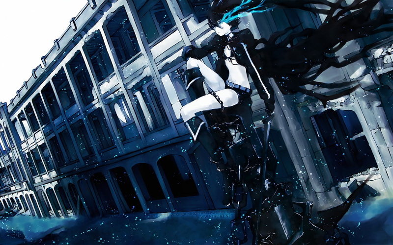 tilt, building, character, transportation, no people, anime girls, waterfront, wet, reflection, built structure, low angle view, water, nature, 720P, Black Rock Shooter