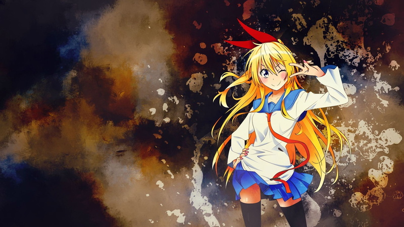 hair ornament, smiling, skirt, Kirisaki Chitoge, thigh-highs, anime girls, tie, anime, school uniform, 1080P, long hair, Nisekoi, blonde, simple background