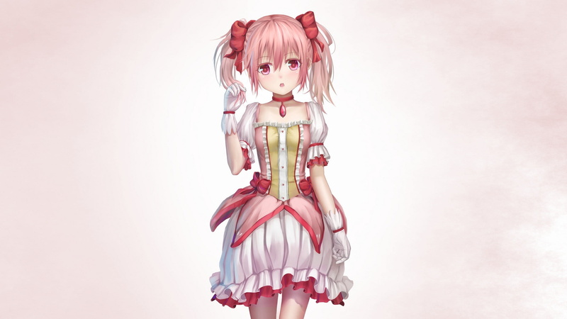 Mahou Shoujo Madoka Magica, white background, close-up, clothing, hair, females, women, one person, character, simple background, indoors, pink, twintails