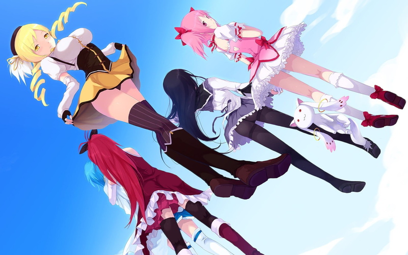 clear sky, real people, art and craft, blue, Mahou Shoujo Madoka Magica, anime girls, sky, nature, representation, anime, Kaname Madoka, day, leisure activity