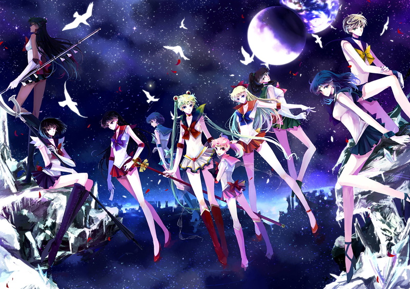 ponytail, 1080P, pink, hair, blue, group, hino, stars, sky, petals, bird, animal, chibiusa, gloves, moon, rei, twintails, long, staff, boots, ribbons