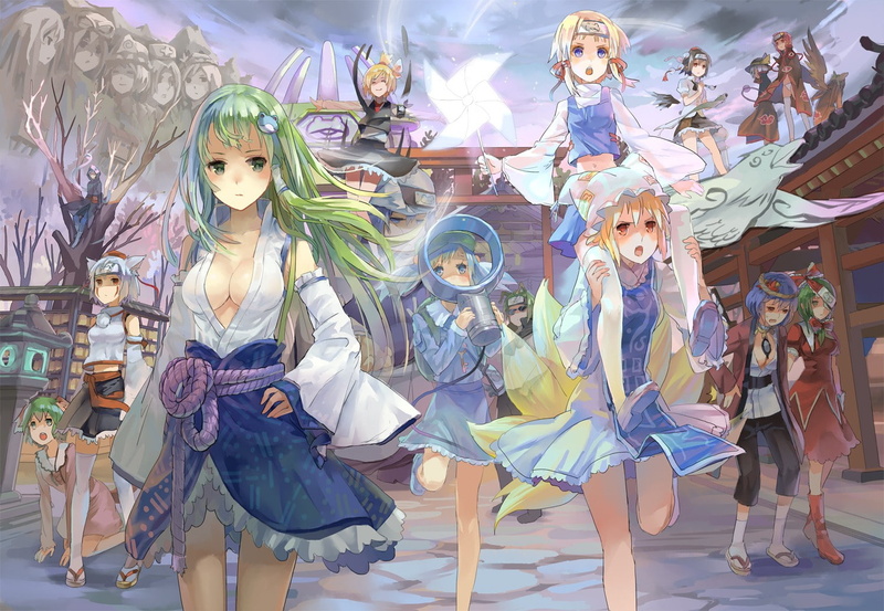 parody, eyes, naruto, blondes, anime, cleavage, touhou, 720P, art, thigh, games, hd, ears, animal, green, tails, skirts, red, video, dress, highs