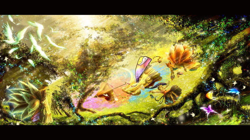 ran, tails, umbrellas, butterflies, animals, Touhou, hd, fox, yakumo, Yakumo Yukari, art, Scenic, girls, anime, chen, Flowers, feathers, yukari, 1080P