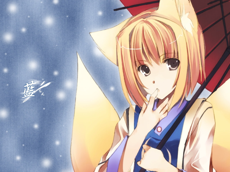 brown, Touhou, tails, hd, hair, ears, Video Games, short, Dress, ran, art, 720P, f, umbrellas, snow, umbrella, blondes, yakumo, animal, video, eyes, games