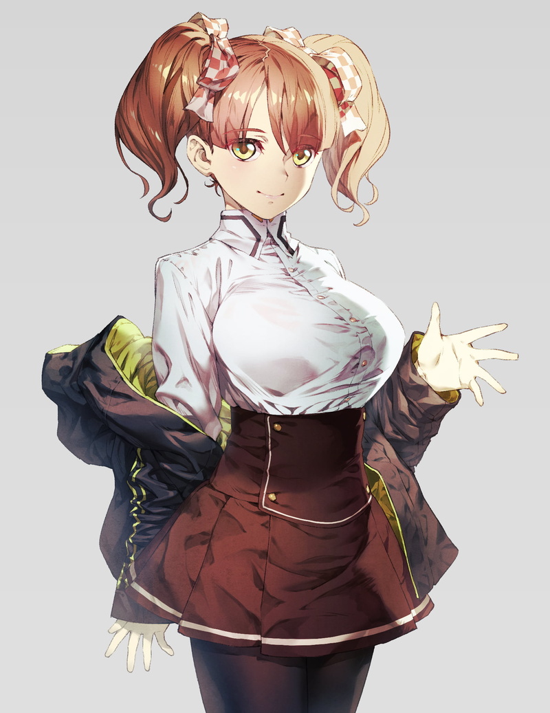 simple background, skirt, digital art, Chyko, gray background, drawing, artwork, shirt, hair ornament, smiling, blonde, jacket, anime girls, women, anime