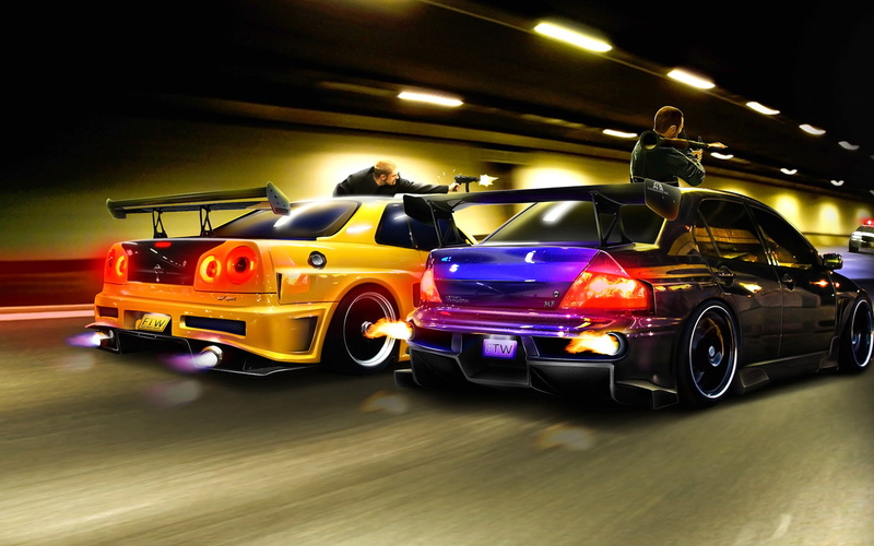 weapon, car, RPG-7, artwork, fire, Nissan GTR, Tuner Car, digital art, 1080P