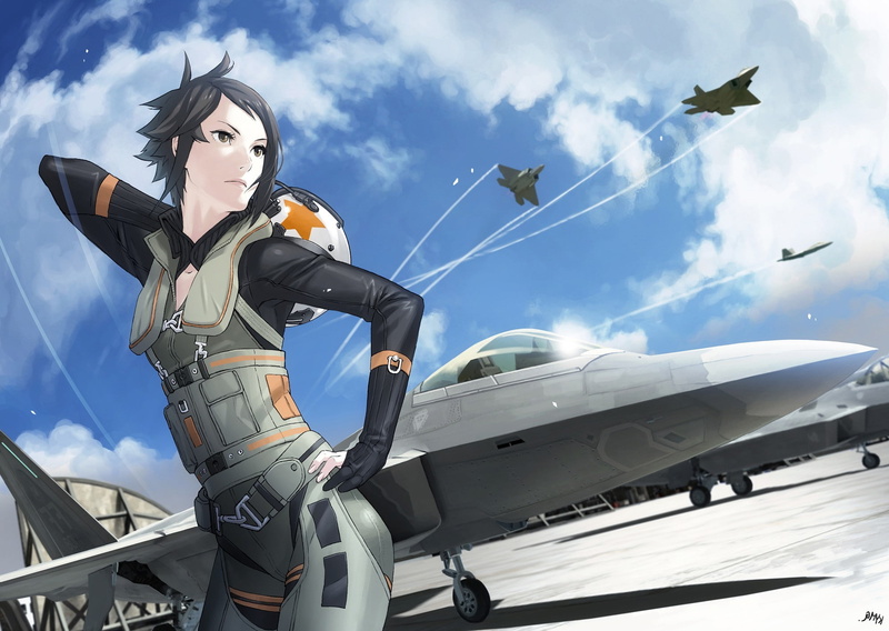 women, air vehicle, low angle view, airport, F 22 Raptor, young women, mode of transportation, cloud - sky, young adult, aerospace industry, anime, flying