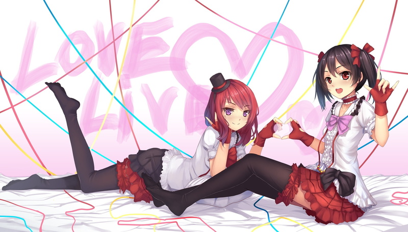 two, look, dress, girl, nishikino maki, white, girls, background, art, yazawa nico, wearing, 1080P, ac xsk, gesture, black, smile, lying, weiyinji xsk