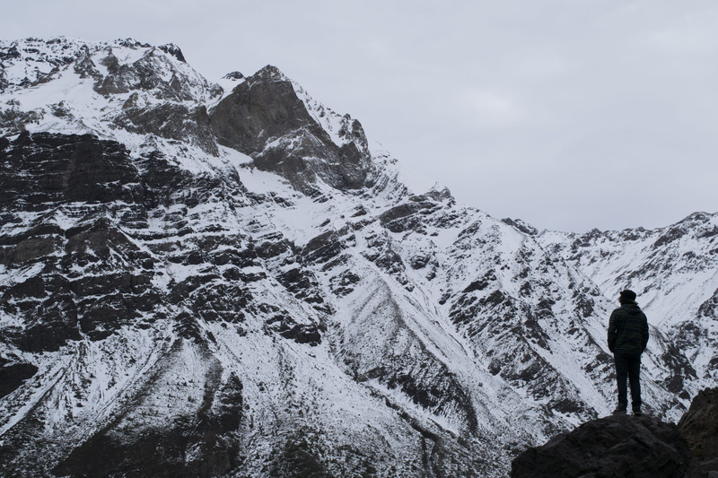 chile, person, white, sky, alps, winter, nature, lifestyles, silhouette, mountain, adventure, outdoors, man, standing, rear view, snow, cajon del maipo