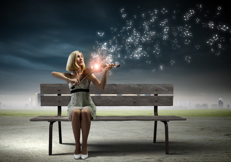 bench, lights, long hair, women outdoors, 4K, musician, music, cityscape, blonde, playing, model, violin, women, minidress, digital art, sitting, photo manipulation