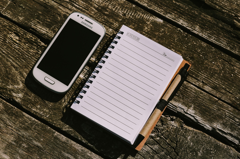 mobile, earphones, various, reminder, diary, wooden, 5K, note pad, pen, background, communication, close-up, no people, still life, wood - Material, notepad
