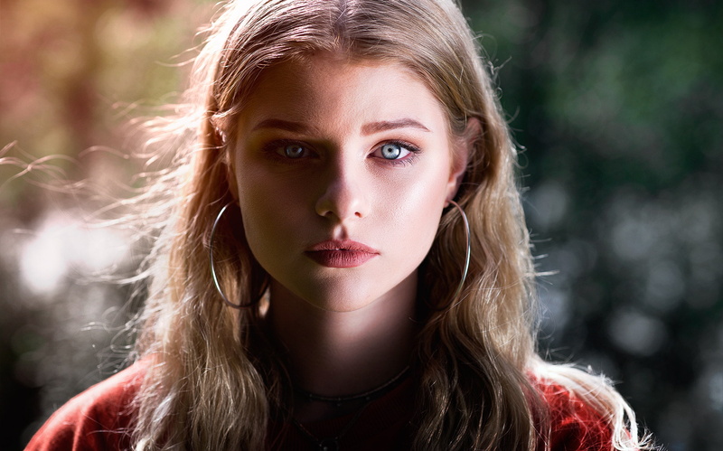 Anton Mayorov, 1080P, face, blonde, women, blue eyes, shadow, bokeh, hoop earrings, portrait, women outdoors, long hair, symmetry