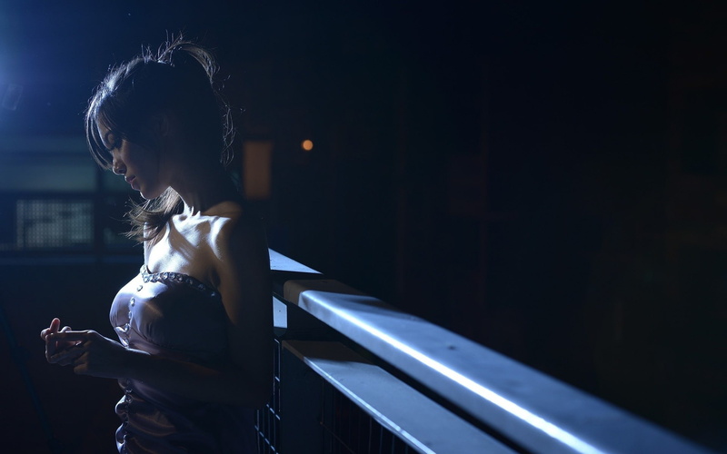 model, women, night, fence, shadow, long hair, lights, bare shoulders, 1080P, brunette, women outdoors