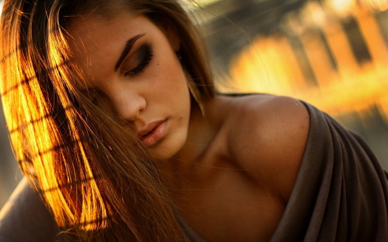 face, women outdoors, shadow, long hair, women, bare shoulders, closed eyes, 1080P, sunlight, model, brunette