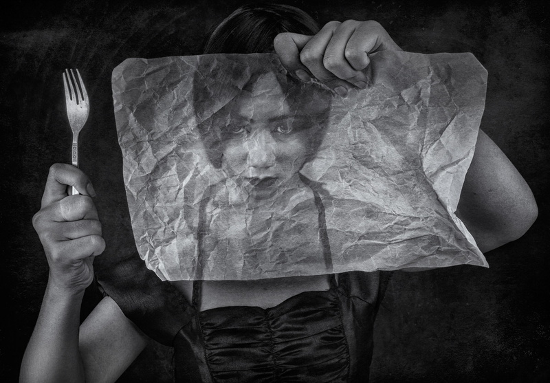 adult, women, Asian, front view, finger, human body part, human limb, holding, crumpled paper, close-up, hand, monochrome, indoors, one person, human arm