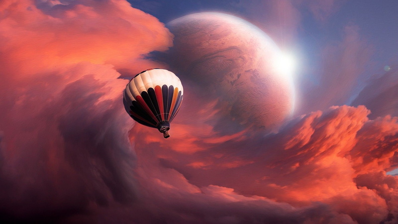 fantasy art, colorful, vehicle, planet, clouds, space art, hot air balloons, 1080P, artwork, abstract, glowing, flying
