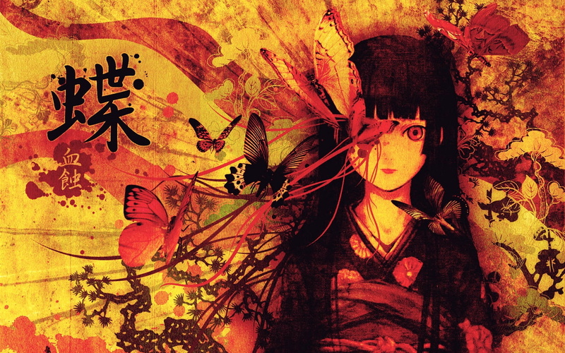 Jigoku Shoujo, hd, art, shoujo, 720P, jigoku, ai, clothes, Enma Ai, animals, japanese, enma, butterflies, x