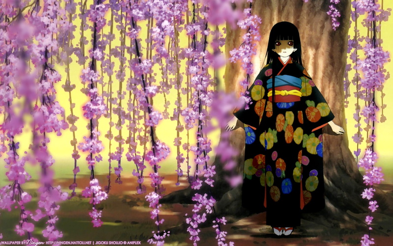 dress, 720P, art, jigoku, clothes, japanese, ai, brunettes, Trees, shoujo, kimono, hd, enma
