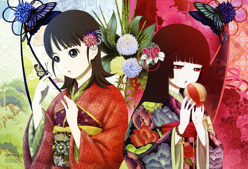 hair, art, enma, clothes, black, jigoku, Flowers, 5K, ai, animals, eyes, kimono, butterflies, red, w, hd, Jigoku Shoujo, japanese, shoujo, x