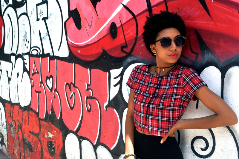 street art, white, plaid, waist up, red plaid, woman, city, leisure activity, teenager, front, teenage boys, red lip, urban, front view, wall art, young adult