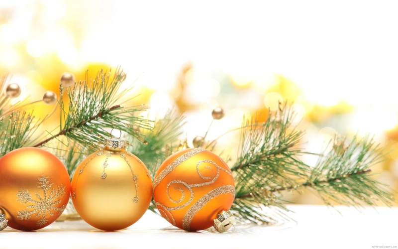 tree, pieces, balls, orange, baubles, gold, christmas, 1080P, holidays