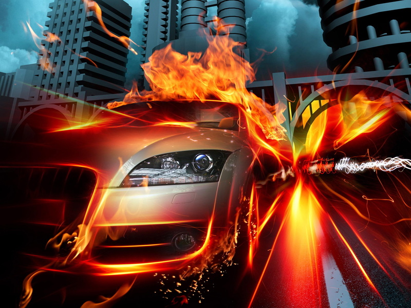 city, car, fire, creative and graphics, 2K, hq