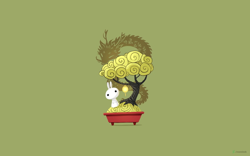 simple background, minimalism, 1080P, rabbit, funny, artwork, digtal art, bonsai, Dragon