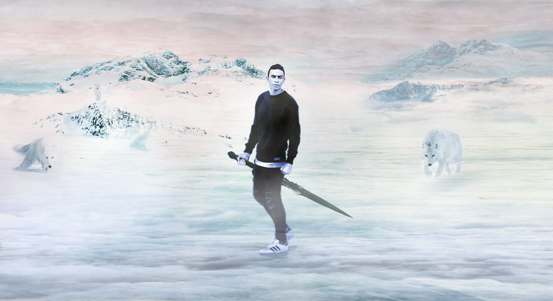 full length, lifestyles, nature, cool, wolf, snow, winter, cold temperature, blue, digital composite, sword, young adult, young men, outdoors, land, scenics - nature
