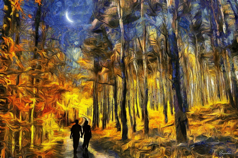 couple, forest, surreal, painting, 1080P, crescent moon