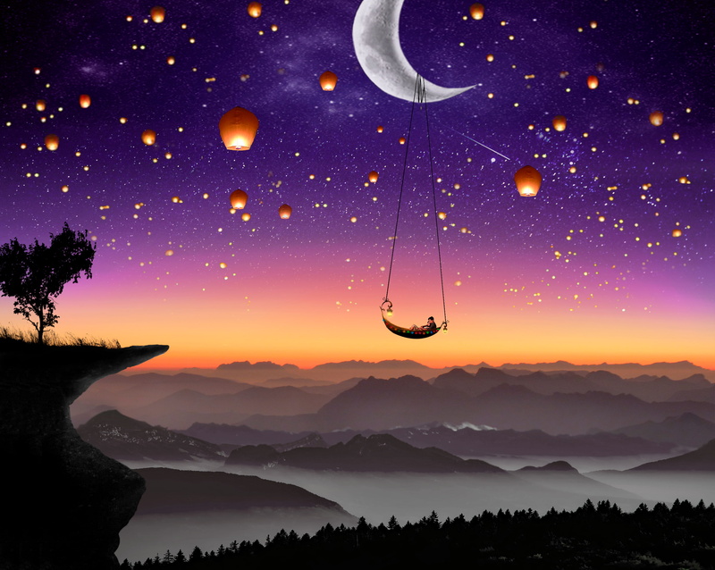 crescent, lantern, 2K, Lanterns, Couple, HD, Moon, illustration
