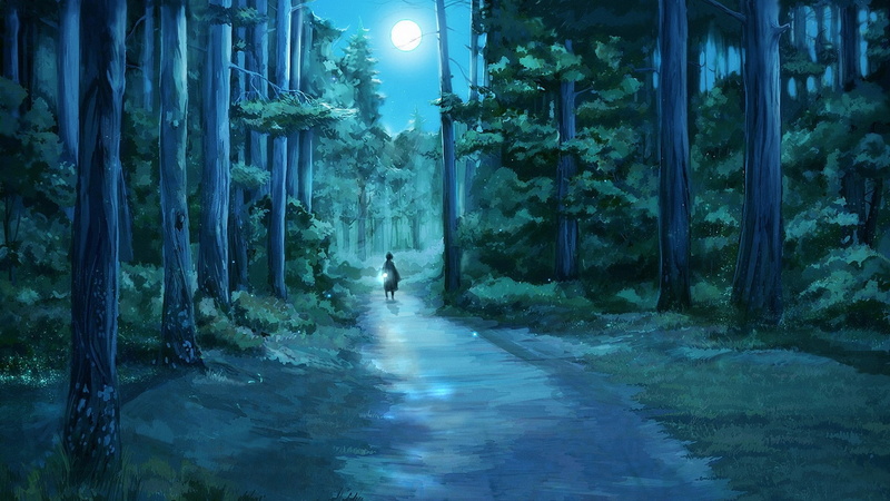 forest, 1080P, x, fantasy, roads, moon, Trees, lamps, hd, path, nature, drawings, fireflies, artwork, art, forests